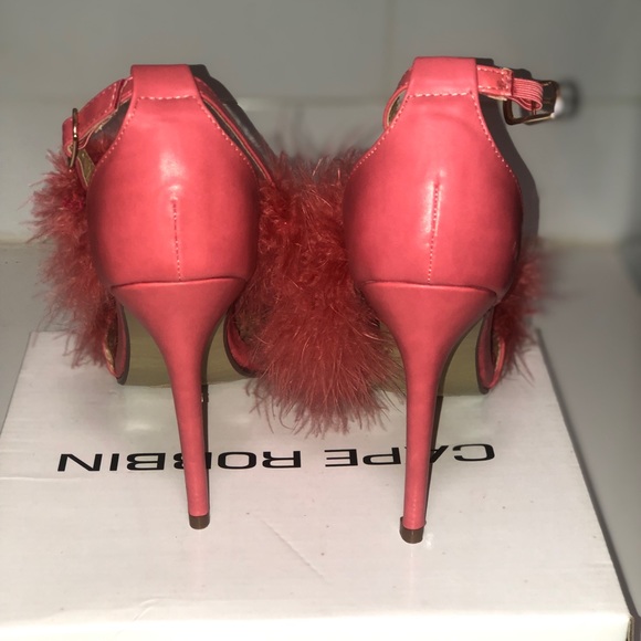 Coral pink/Dark peach Fur single sole heels - Picture 5 of 8
